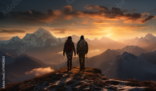 Couple of hikers on top of a mountains looking at sunset   sunrise
