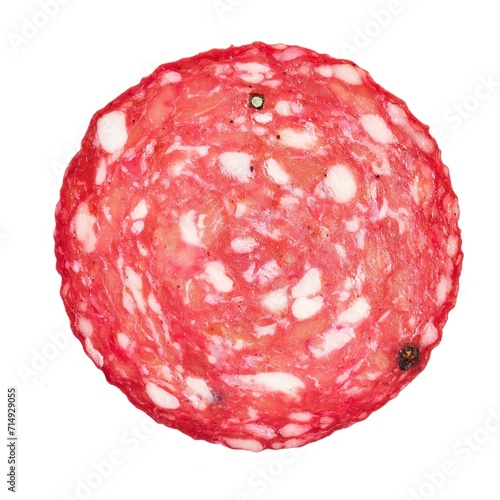 Close-up view of a single slice of salami isolated on white background, depicting its textured surface and vibrant colors.