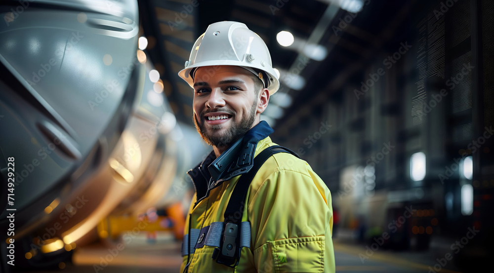 Portrait of a smiling male worker in hardhat standing in warehouse Portrait of a smiling male worker in hardhat standing in warehouse