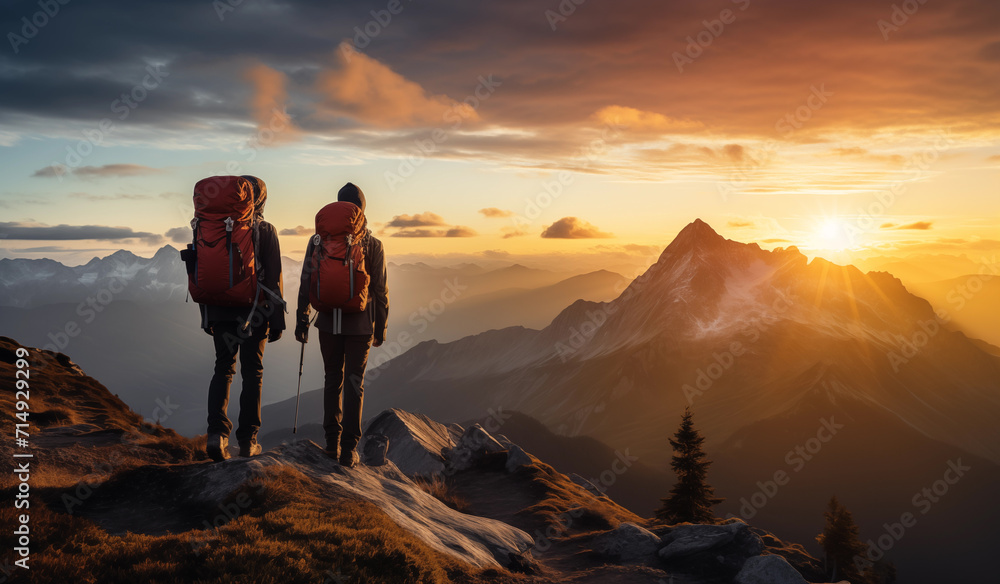 Couple of hikers on top of a mountains looking at sunset / sunrise