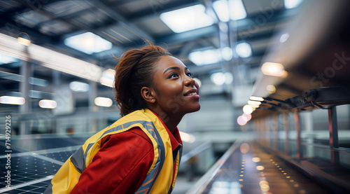 african american woman in safety vest standing on escalator at airport photo