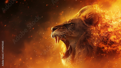 Leo illustrated as a majestic lion roaring against a fiery backdrop, showcasing courage, Zodiac signs, blurred background, with copy space