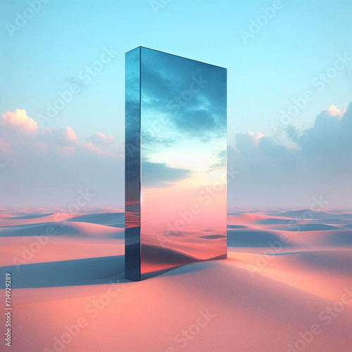 Sunrise and sunset, moon and a frame, a surreal sphere displays desert and ocean views reflecting from the mirror framed in sculpture generated ai © Mst