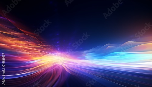 Abstract digital background with dynamic blue and red light streaks converging on a horizon.