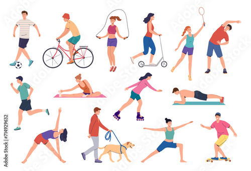 Workout exercises. People sport training. Woman practicing yoga. Soccer playing. Man on bicycle. Walk dog in park. Girl jumping rope. Badminton player. Healthy activities vector set
