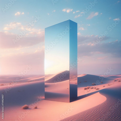 Sunrise and sunset  moon and a frame  a surreal sphere displays desert and ocean views reflecting from the mirror framed in sculpture generated ai