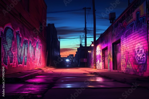 Urban alley at night, featuring graffiti-covered walls illuminated by neon lights, against a gradient sky with city glow.