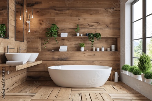 Modern stylish bathroom with white toilet bathtub and wooden walls in a minimalist style at simple apartment of hotel room or spa center. Interior design concept