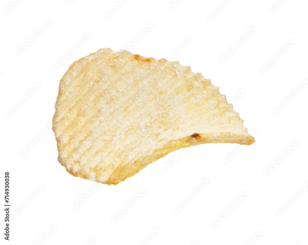 Isolated crisp potato chip on a white background, depicting snack, food, texture, crispiness, salted, yellow, single, closeup, crunchy, and tasty. Isolated crisp potato chip on a white background, depicting snack, food, texture, crispiness, salted, yellow, single, closeup, crunchy, and tasty.