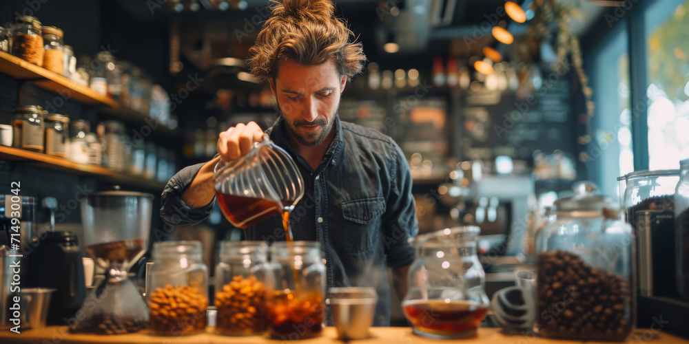 Barista schenkt den Kaffee ein Barista schenkt den Kaffee ein