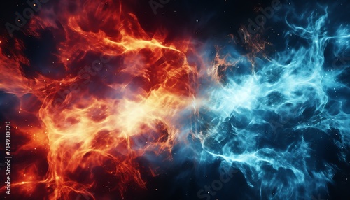 Abstract cosmic energy background with red and blue nebulae, depicting a concept of space, science, or fantasy.
