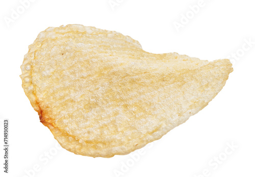 An isolated crispy potato chip on white background, ideal for snack and food-related themes.