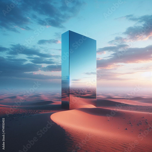 Sunrise and sunset, moon and a frame, a surreal sphere displays desert and ocean views reflecting from the mirror framed in sculpture generated ai
