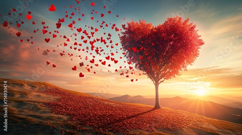 Tableau sur toile Romantic sunset scene with a crimson heart tree and falling foliage, symbolizing love