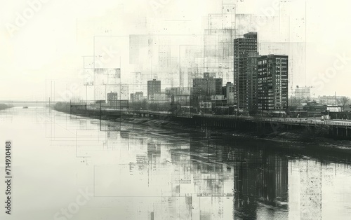 The riverfront in grayscale art.