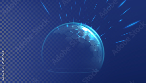 Bubble shield. Protect light dome sphere. Hexagon circle barrier with 3D glass effect. Secure ball cover. Ultraviolet protection border. Medical care layer. Vector abstract background