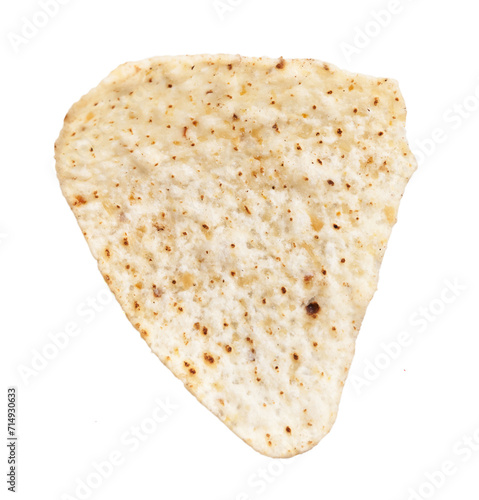 Single triangular tortilla chip isolated on a white background, representing mexican cuisine.