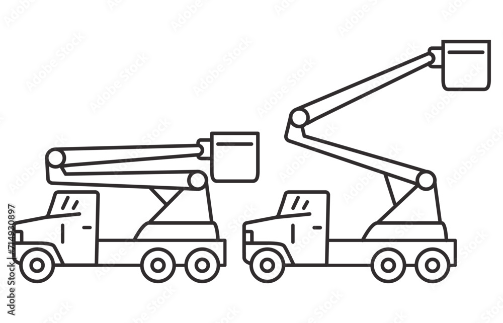Bucket truck line icon.Bucket boom truck side view.Aerial platform.Crane truck with basket.Bucket boom truck.Picker high lift platform.Vector outline illustration.Isolated on white background. Bucket truck line icon.Bucket boom truck side view.Aerial platform.Crane truck with basket.Bucket boom truck.Picker high lift platform.Vector outline illustration.Isolated on white background.