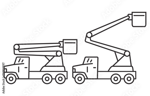 Bucket truck line icon.Bucket boom truck side view.Aerial platform.Crane truck with basket.Bucket boom truck.Picker high lift platform.Vector outline illustration.Isolated on white background.