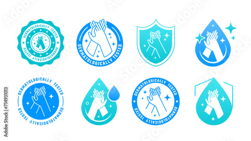 Hand wash icons. Cleansing gel logo. Alcohol drop for Covid shield. Dermatologically tested. Antiseptic or soap bottle sign. Sanitizer drip. Disinfect lotion. Vector stickers design set