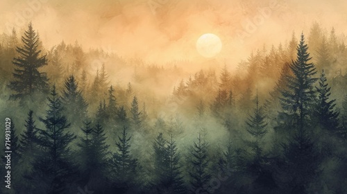 Misty Forest at Dawn  Capturing the Serene Beauty of Nature - Ideal for Nature Enthusiasts  Eco-friendly Brands  and Landscape Photographers - Watercolor  Brushes and Sponges  Cool and Earthy Tones