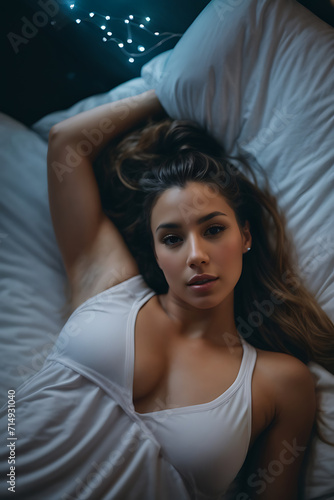 Woman Lying on Bed in White Tank Top. Generative AI. © theartofphoto