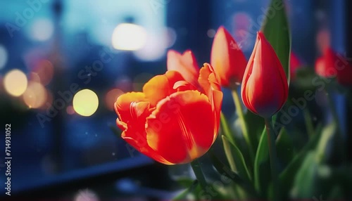 Tulips blooming in the night with snowfall, blury background city, timelapse video 4k photo