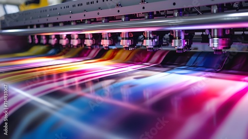A printing machine in action,Colored printed paper in a printing factory. offset printing press, photo