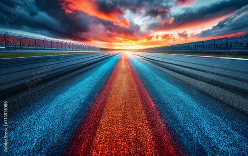 The cold mood of motion blurred the racetrack with the sunset sky.