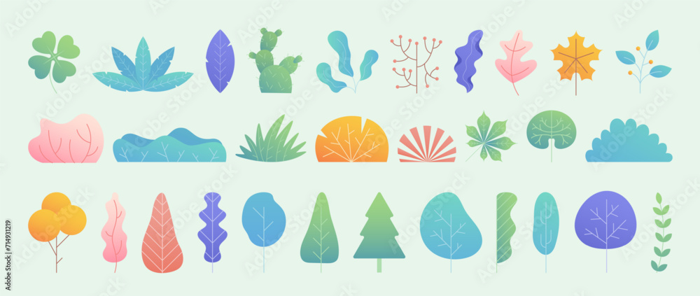 Tree gradation. Leaf nature, different leaves simple minimal set for decor with fantasy drawing elements, cartoon gradient isolated group. Summer and spring jungle. Vector flat design collection