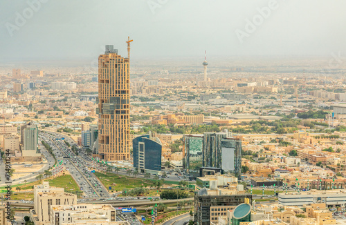 Aerial panorama of residential areas of Riyadh city with tv tower in the background, Al Riyadh, Saudi Arabia photo