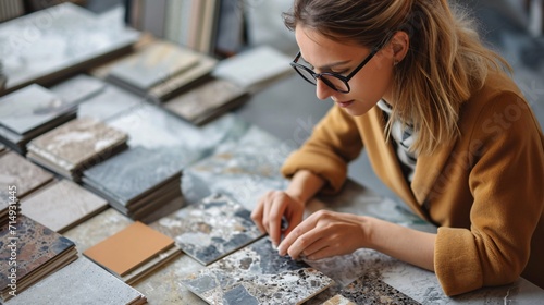 Female architect utilizes epoxy grout for ceramic tiles by examining finishing samples, with a top-down view, in the process of selecting renovation materials. photo