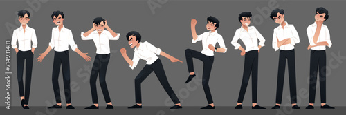 Business men. Happy and sad guy. Emotion expression. Poses and gestures. Disappointed superman. Angry male. Young salesman. Confident businessman. Joyful manager. Vector cartoon set