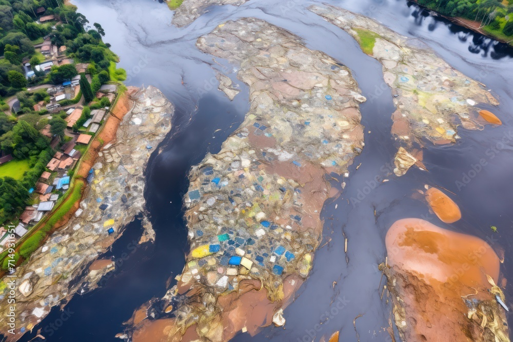 An aerial view of a polluted river weaving through a dense settlement, underscoring the environmental impact of urbanization