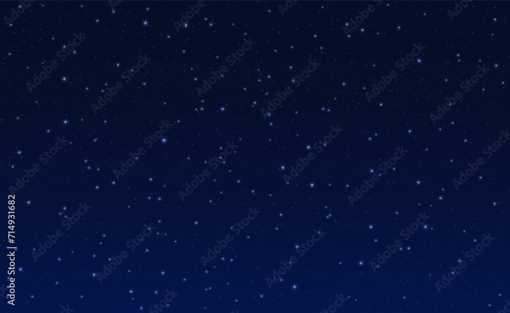 Night sky. Space starlight. Galaxy discovery. Dark black starry field texture. Universe observatory. Stars constellation. Celestial blue glitters. Vector abstract cosmic background