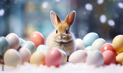 Adorable Bunny Amidst Pastel-Colored Easter Eggs on Snowy Surface, Symbolizing Springtime Celebration and Easter Holiday with Soft Bokeh Background photo