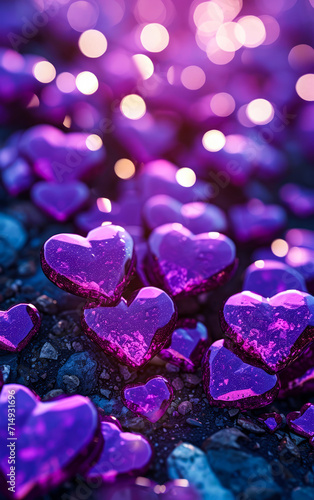 Sea of Purple Hearts: A Dreamy Bokeh Background of Violet Love Symbols for Valentine's Day, Representing Romance, Passion, and Affection