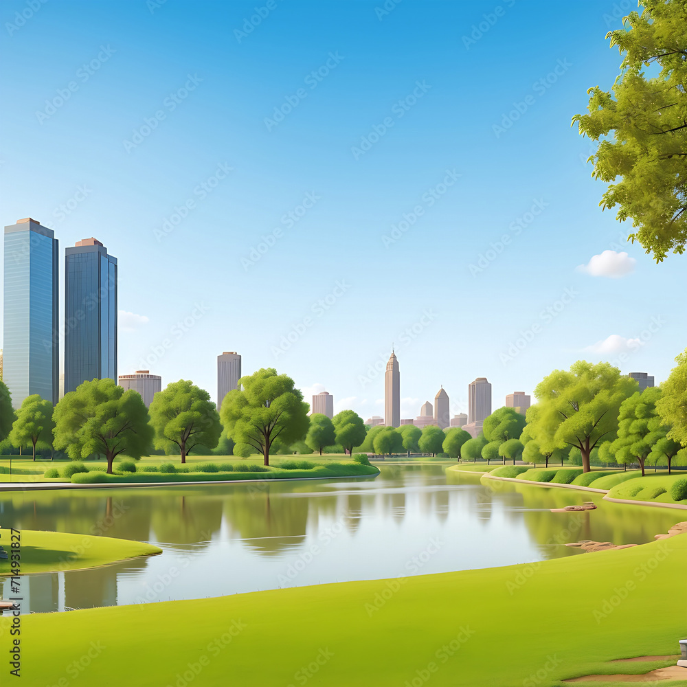 Animated Cartoon cityscape lake view