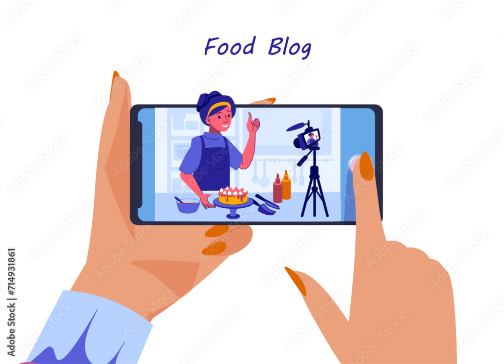 Bloggers live streaming. Food blog. Hand holding smartphone. Video record. Woman cooking meal. Vlogger baking cake. Culinary blogging content broadcast. Mobile technology. Vector concept Bloggers live streaming. Food blog. Hand holding smartphone. Video record. Woman cooking meal. Vlogger baking cake. Culinary blogging content broadcast. Mobile technology. Vector concept