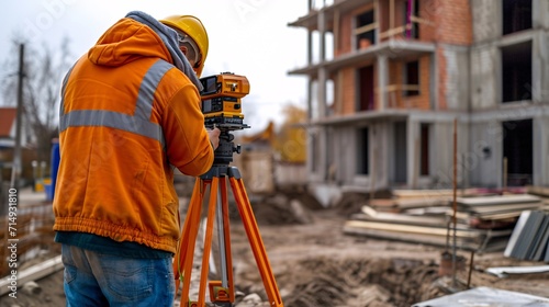 Construction site worker using theodolite to survey distances, elevations, and directions.