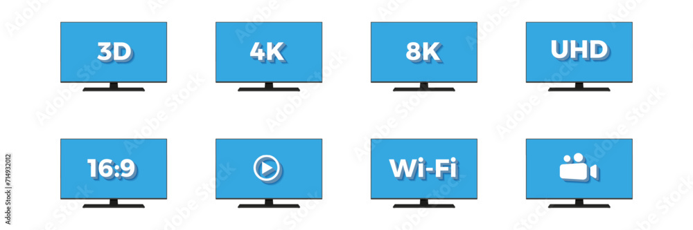 TV icons. 3D home technology. Digital black television with wi-fi internet or video app. Plasma screen. Electronic media device. Monitor display. Vector isolated multimedia equipment set TV icons. 3D home technology. Digital black television with wi-fi internet or video app. Plasma screen. Electronic media device. Monitor display. Vector isolated multimedia equipment set