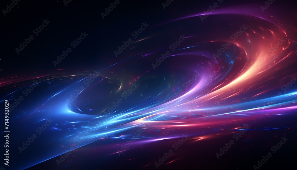 Abstract cosmic background with swirling blue and pink neon light waves, depicting space or digital art concept.