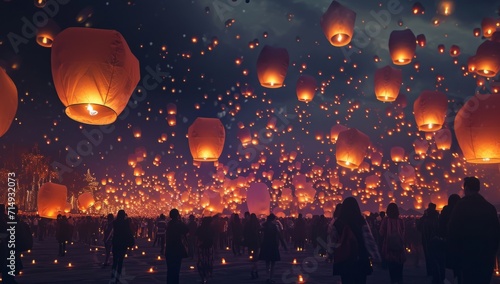lanterns flying over a large group of people at night Generative AI photo