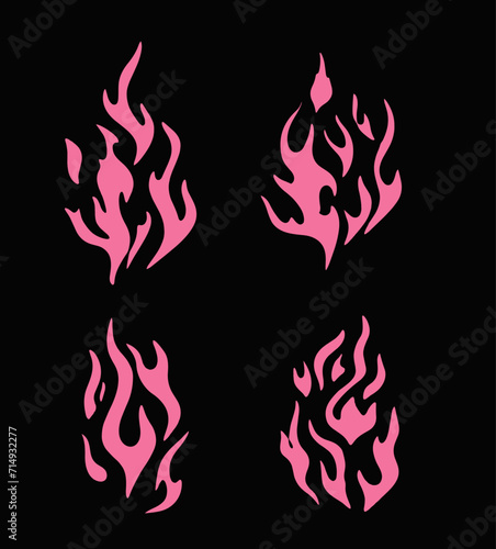 Set of fire flames on a dark background. Vector illustration for flash tattoo and stickers.
 