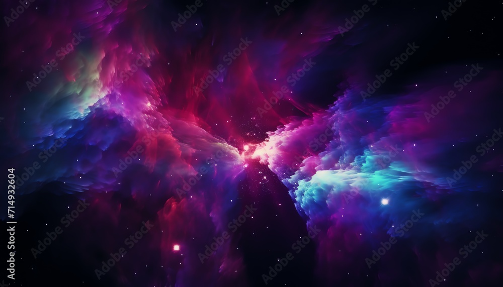 Vibrant cosmic nebula with interstellar clouds of gas and dust in deep space, showcasing a spectrum of colors.