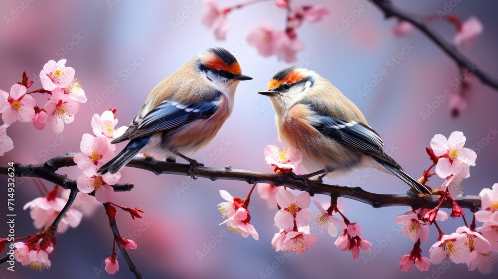 Pair of Birds Perching on Blossoming Sakura Branch, Springtime Harmony with Soft Pink Cherry Blossoms, Idyllic Nature Scene