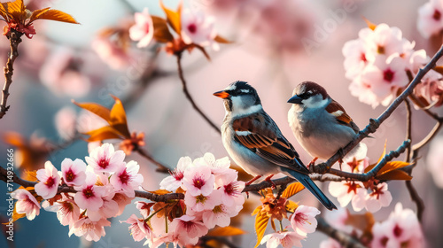 Pair of Birds Perching on Blossoming Sakura Branch, Springtime Harmony with Soft Pink Cherry Blossoms, Idyllic Nature Scene
