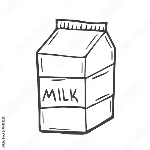 Milk carton vector hand drawn icon. Dairy product packaging on white background in doodle style. photo