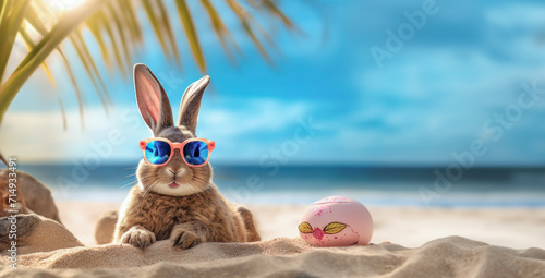 A laid-back bunny in cool shades lounges on the beach, bringing a whimsical twist to a tropical scene, copy space 