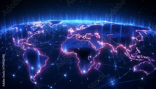 Digital illustration of global connectivity with glowing network lines on a world map  representing international communication and data exchange.